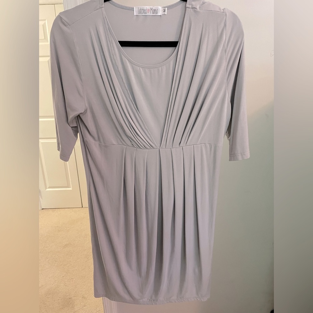 Latched Moma, soft gray medium maternity dress or long top. Crew to V-neck s/s.